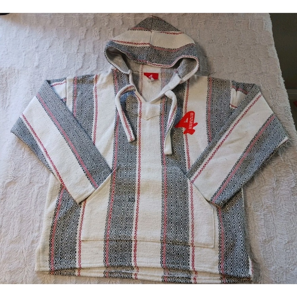 YG 4 Hunnid Retro Baja Poncho Hoodie Men's Medium Striped Drug Rug Surfer